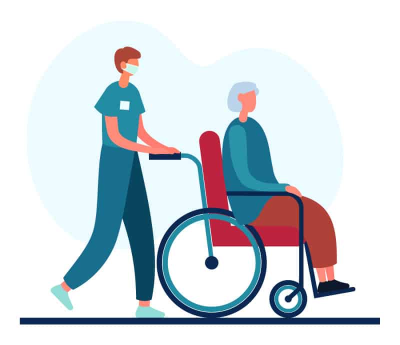 Cartoon male nurse pushing wheelchair with senior lady