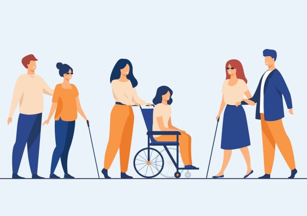 Volunteers helping disabled friends in outdoor walking, leading blind people or wheeling wheelchair. Can be used for disability, diversity, assistance concept