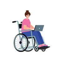 Disabled woman in wheelchair with computer